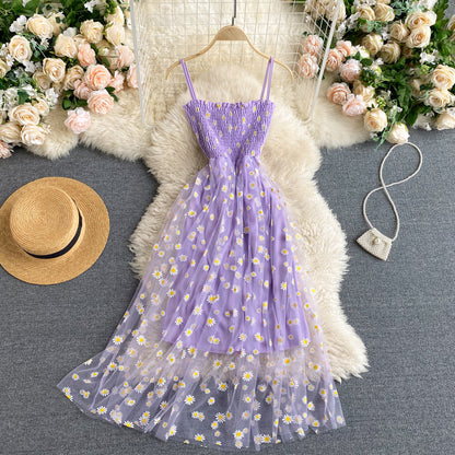 Off-the-shoulder Mesh Embroidered Chrysanthemum Dress