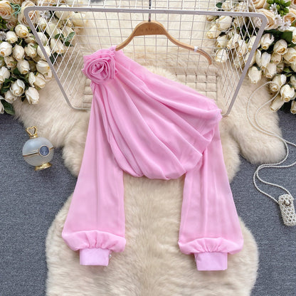 One-shoulder 3d Floral Chiffon Top