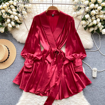 French Style V-neck Satin Wrap Dress