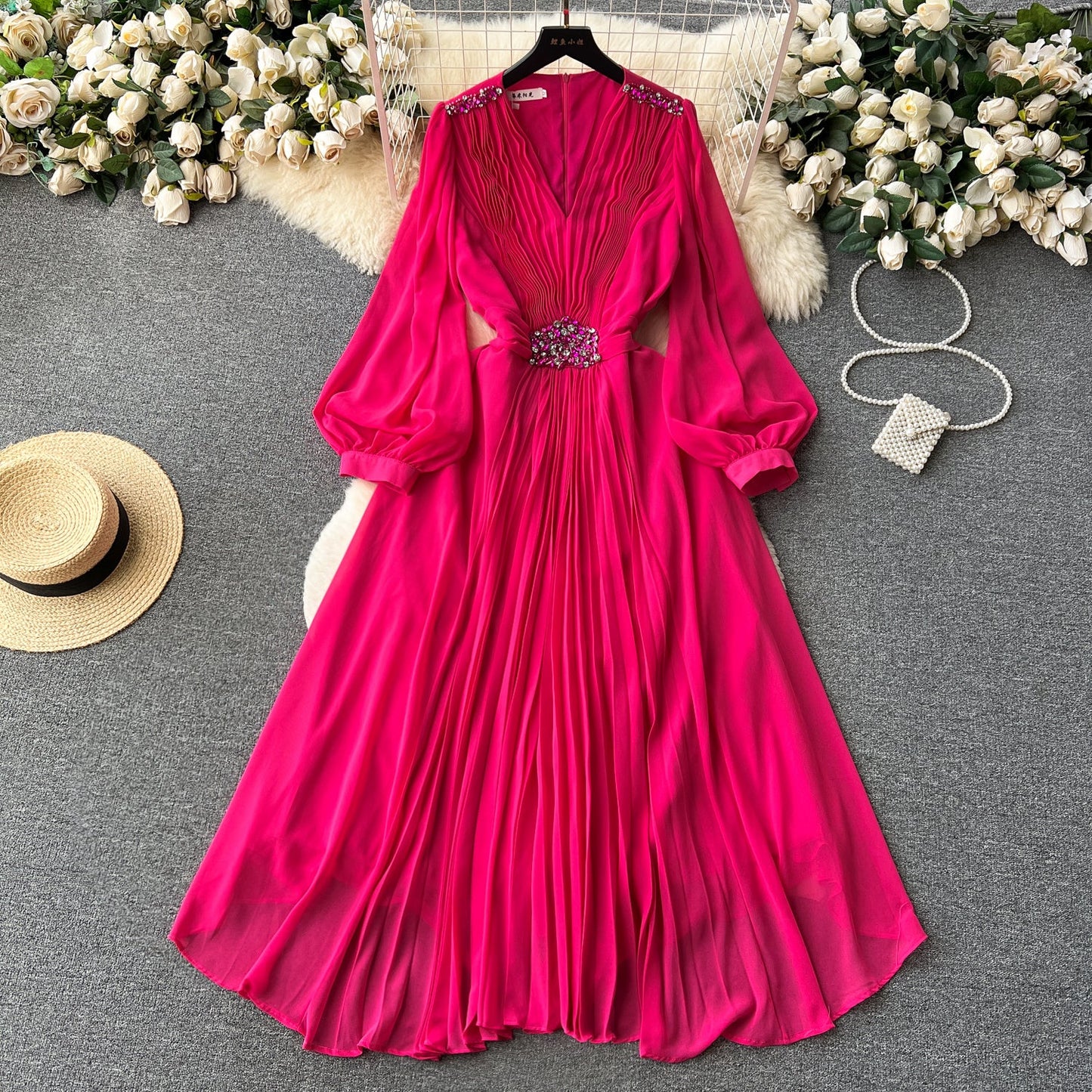Flared Sleeve Rhinestone Studded Dress