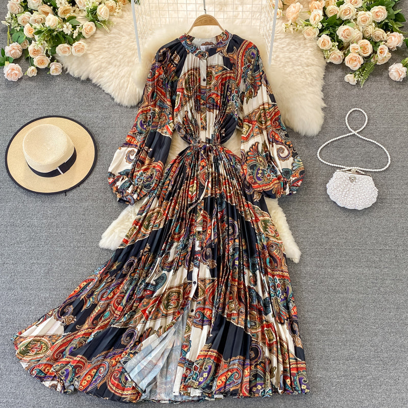Round Collar Floral Printed Satin Dress