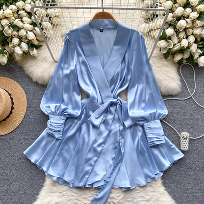 Shawl Collar Satin Wrap Dress