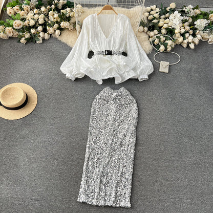 Glam Ruffle Blouse & Sequin Skirt Ensemble