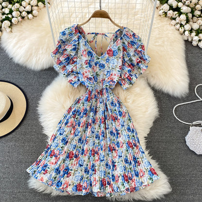 Fairy Ruffle Sleeve Floral Pleated Dress