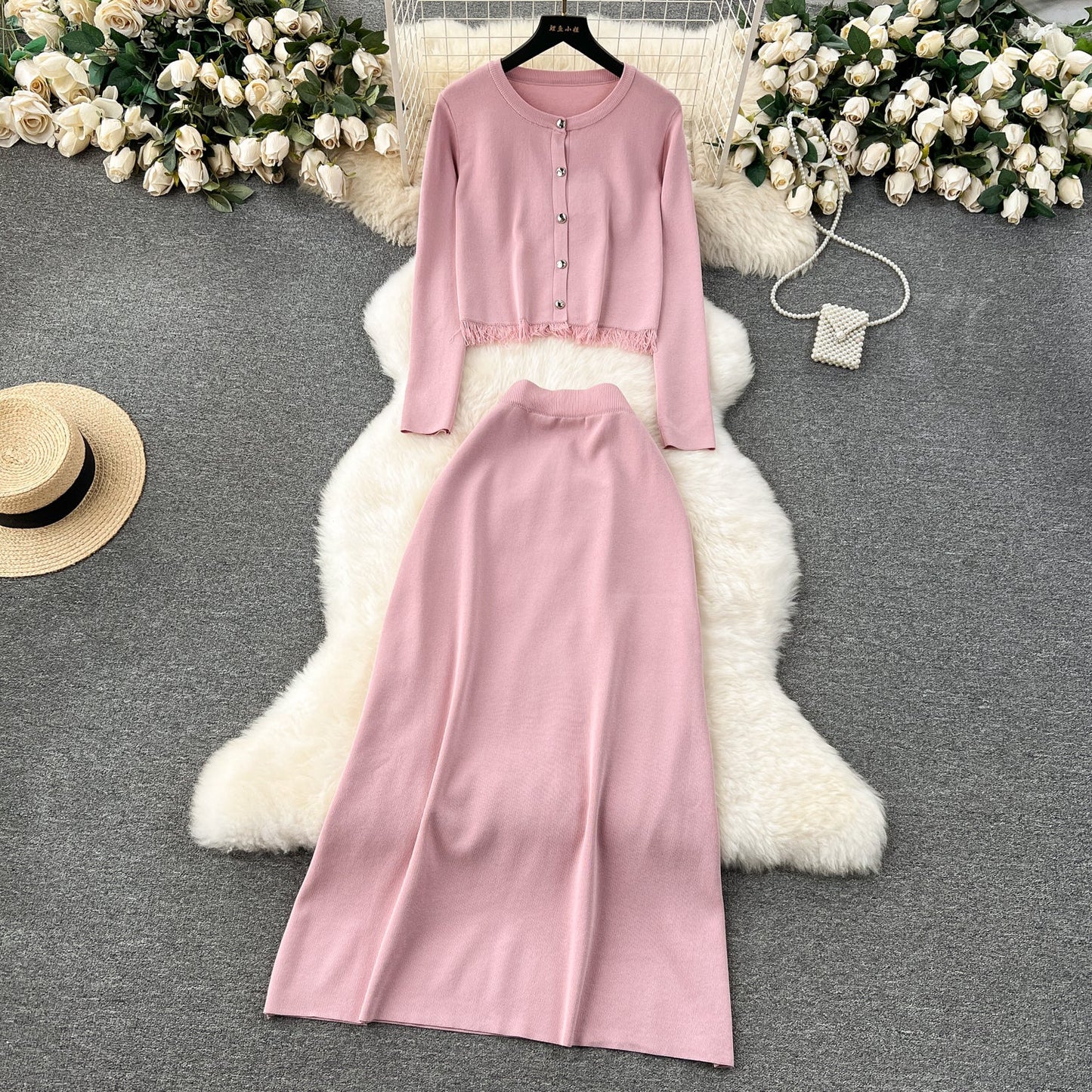 Cardigan&Half-body Skirt Fringed Knit 2Pcs