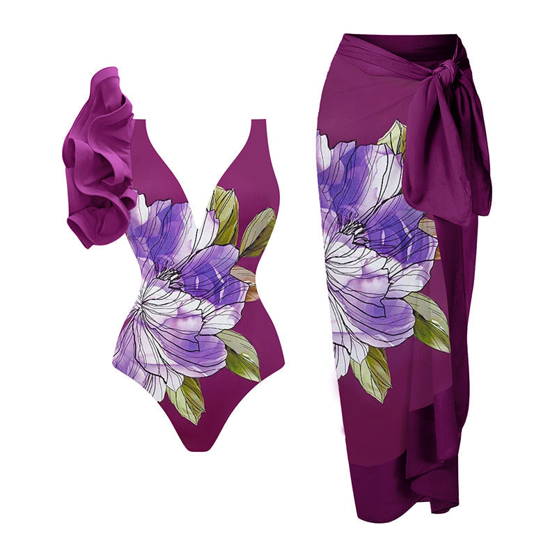 Ruffled Printed One-piece Swimwear&Skirt 2Pcs