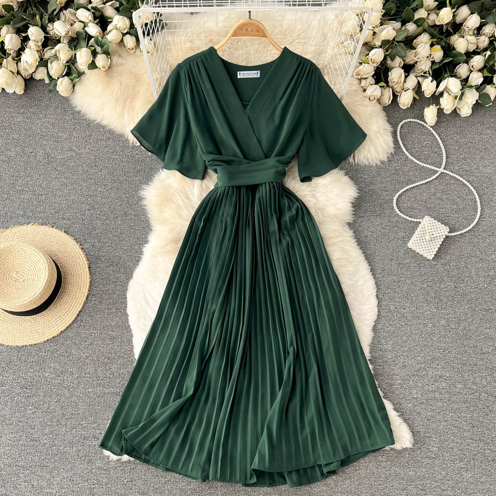 Chiffon Pleated Solid V-Neck Dress