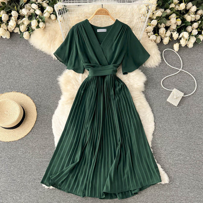 Chiffon Pleated Solid V-Neck Dress