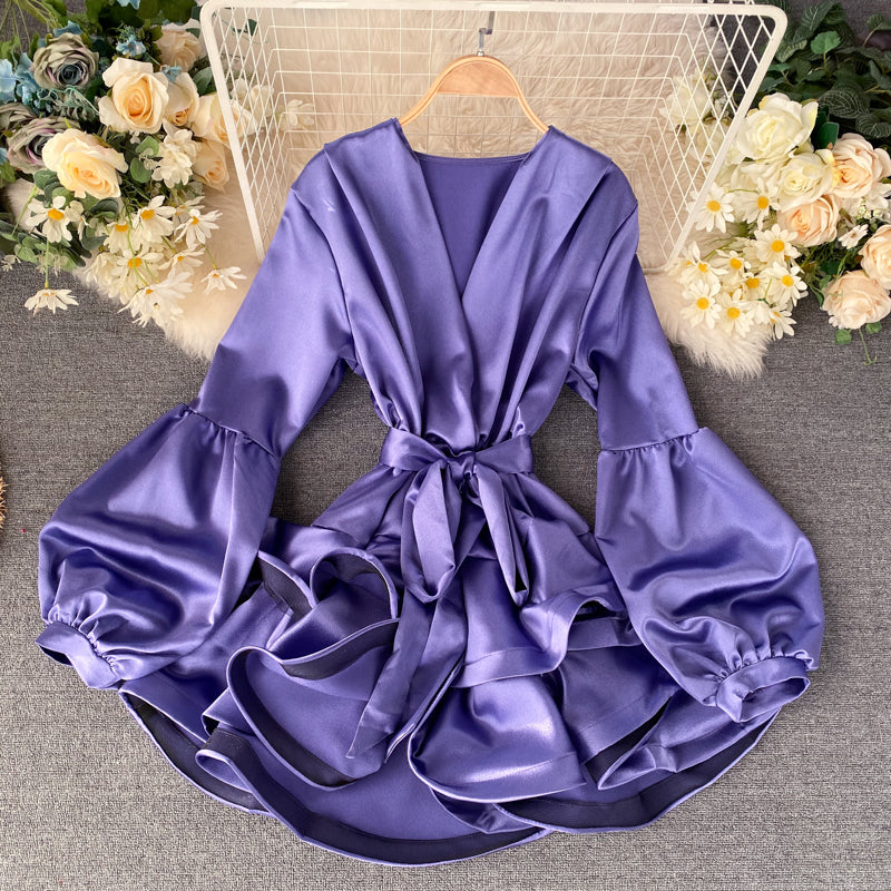 Satin Lantern Sleeve Ruffle Dress