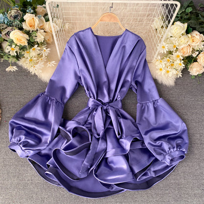 Satin Lantern Sleeve Ruffle Dress