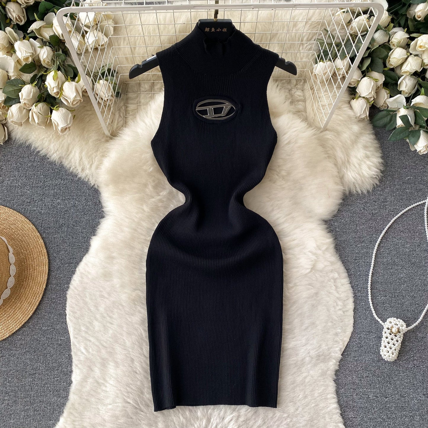 Open-Knit Semi-Turtleneck Bodycon Dress