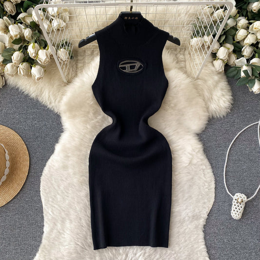 Open-Knit Semi-Turtleneck Bodycon Dress