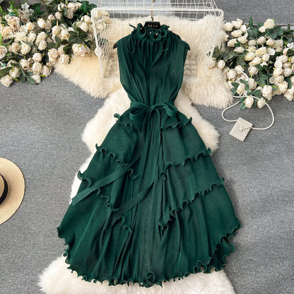 Solid Color Ruffled Sleeveless Dress