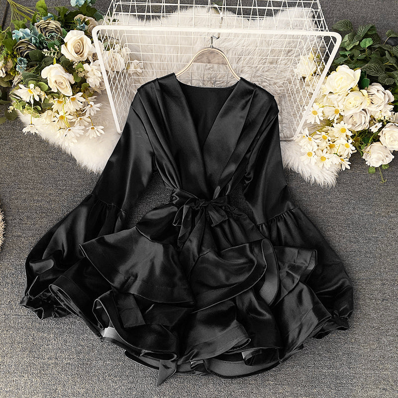 Satin Lantern Sleeve Ruffle Dress