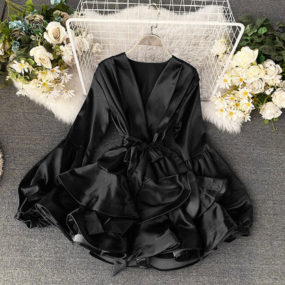 Satin Lantern Sleeve Ruffle Dress