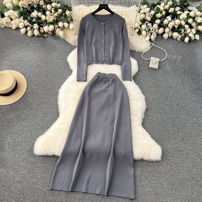 Cardigan&Half-body Skirt Fringed Knit 2Pcs
