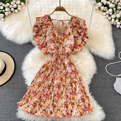 Fairy Ruffle Sleeve Floral Pleated Dress