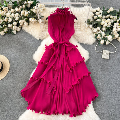 Solid Color Ruffled Sleeveless Dress