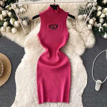 Open-Knit Semi-Turtleneck Bodycon Dress