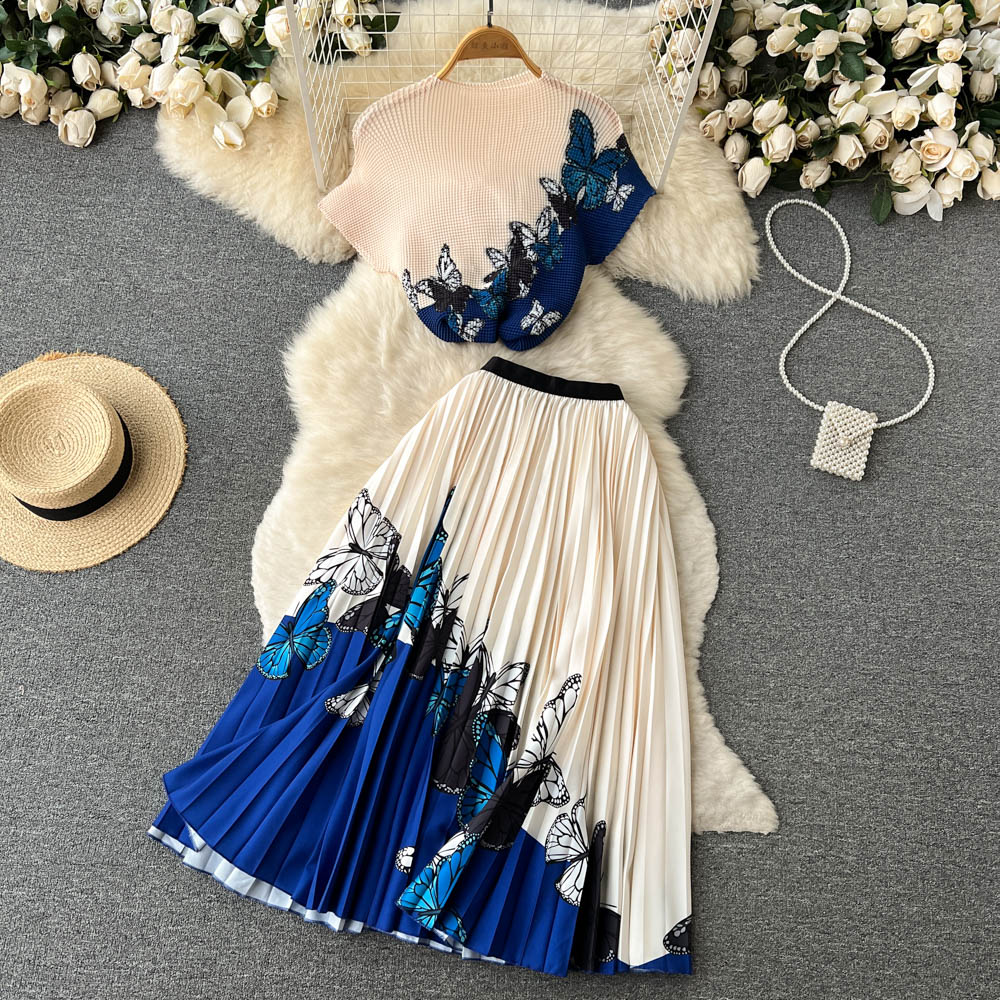 Printed T-shirt&Pleated Skirt 2Pcs