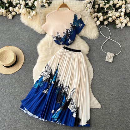 Printed T-shirt&Pleated Skirt 2Pcs