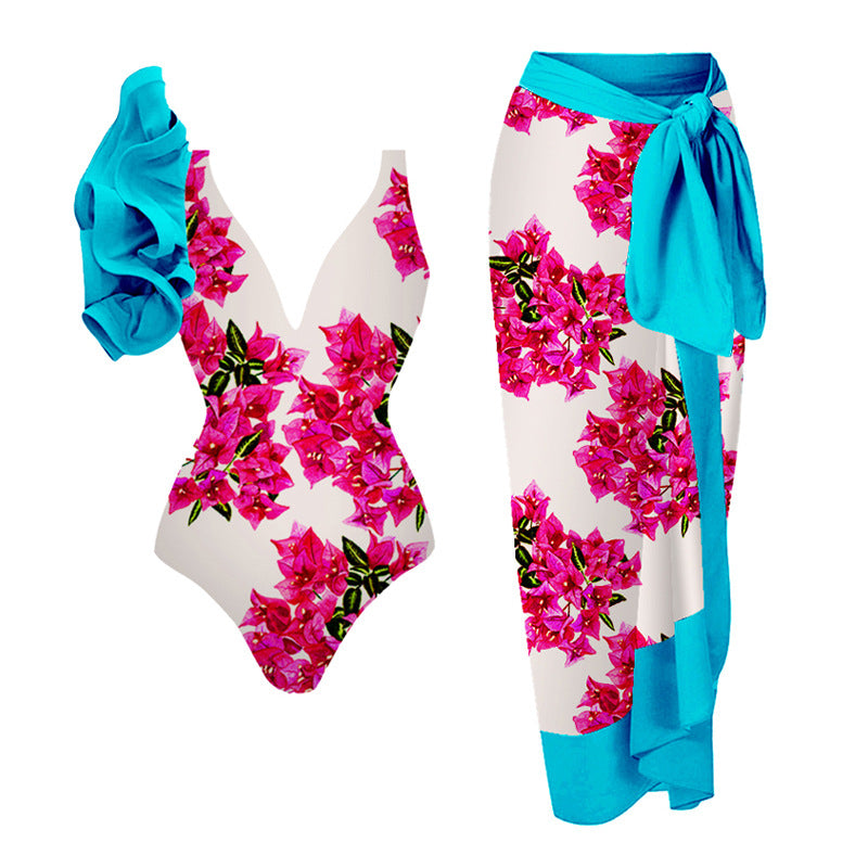 Ruffled Printed One-piece Swimwear&Skirt 2Pcs