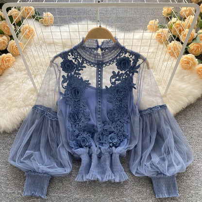 Ethereal Mesh Lantern-Sleeve Blouse