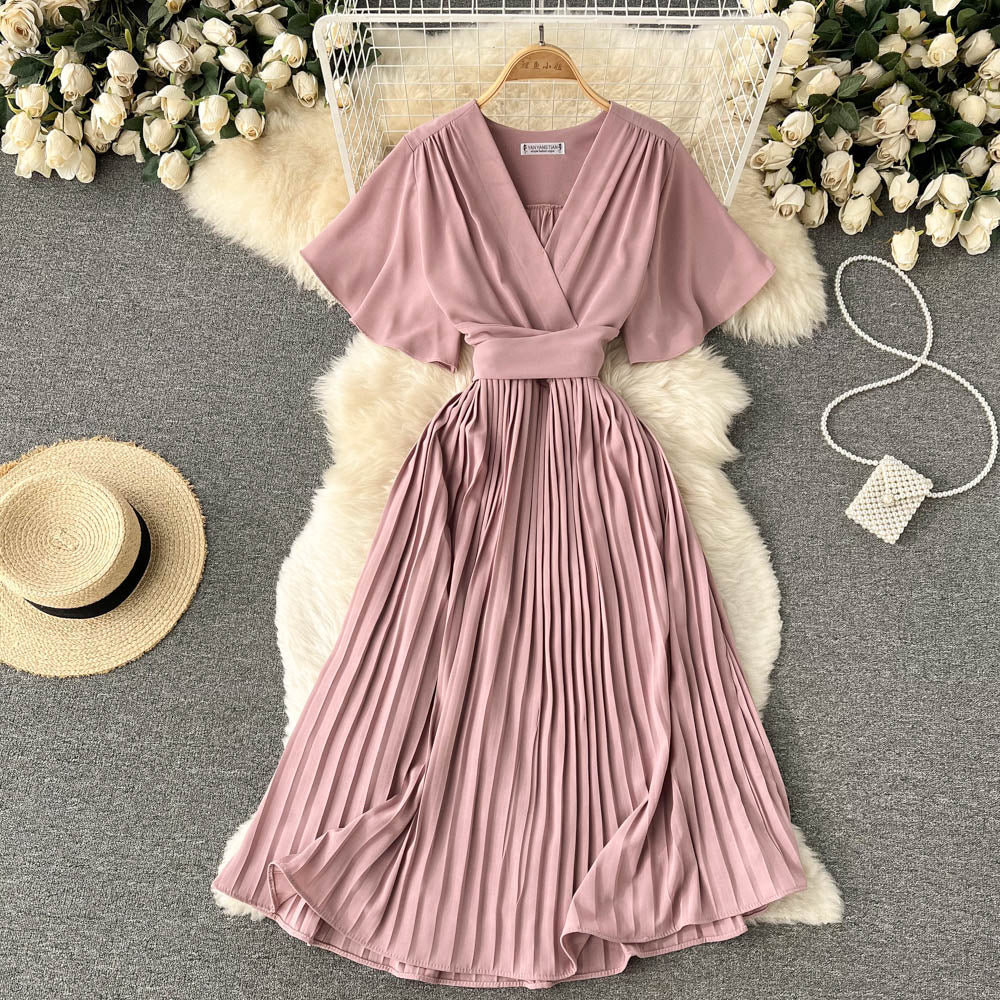 Chiffon Pleated Solid V-Neck Dress