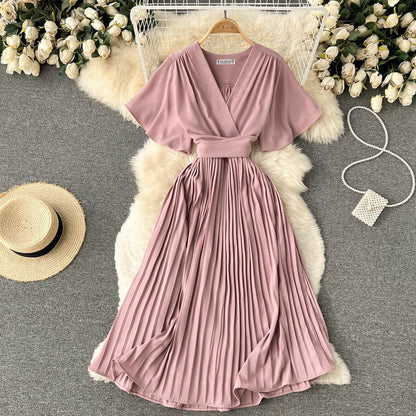 Chiffon Pleated Solid V-Neck Dress