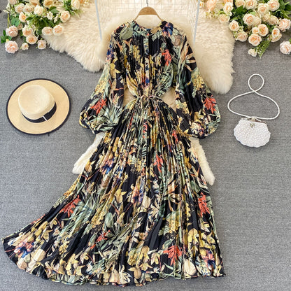 Round Collar Floral Printed Satin Dress