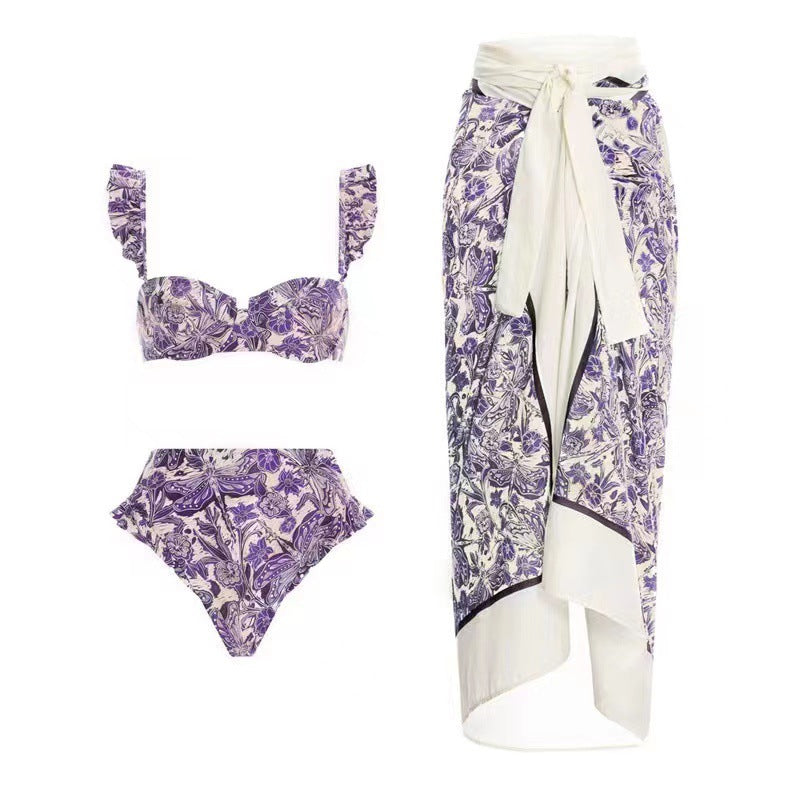 Floral Swimwear&Lace-up Apron Skirt