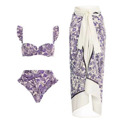 Floral Swimwear&Lace-up Apron Skirt