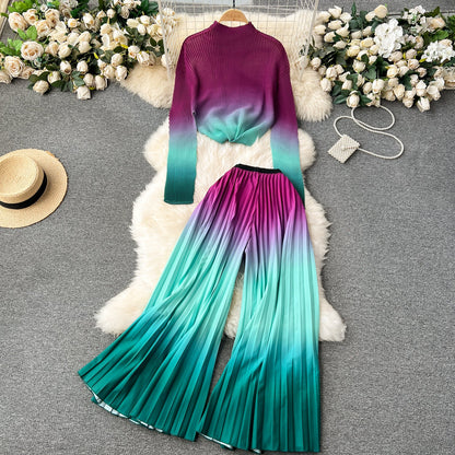 Pleated Knitwear&Wide-leg Trousers Printed 2Pcs