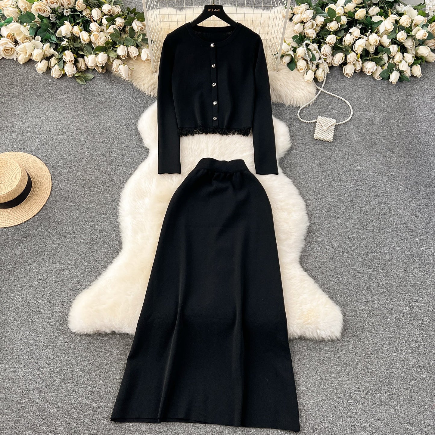 Cardigan&Half-body Skirt Fringed Knit 2Pcs