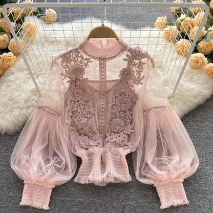 Ethereal Mesh Lantern-Sleeve Blouse