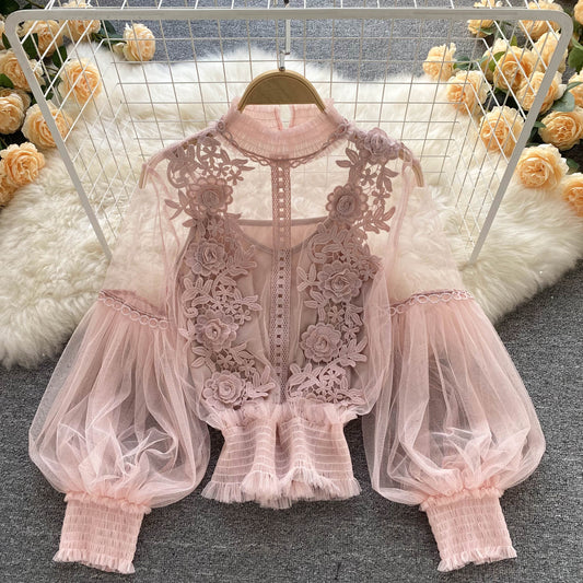 Ethereal Mesh Lantern-Sleeve Blouse