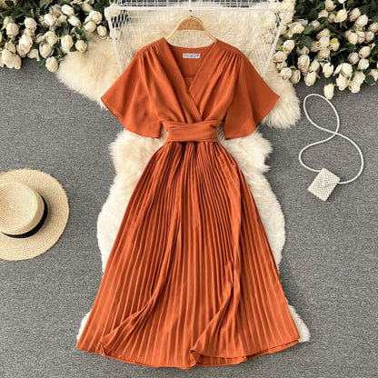 Chiffon Pleated Solid V-Neck Dress