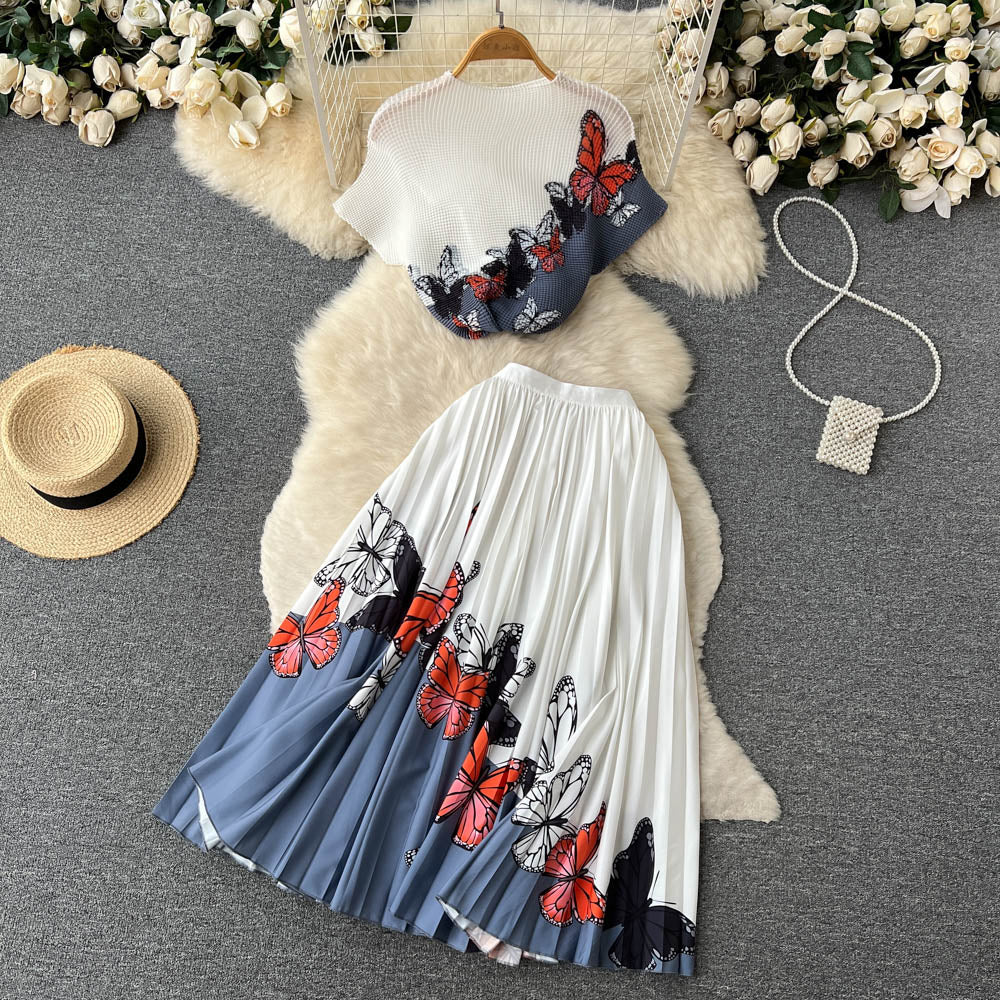 Printed T-shirt&Pleated Skirt 2Pcs
