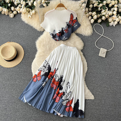 Printed T-shirt&Pleated Skirt 2Pcs