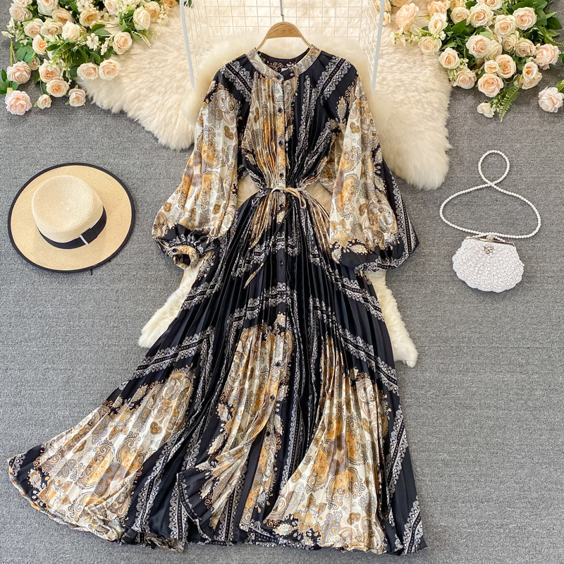 Round Collar Floral Printed Satin Dress