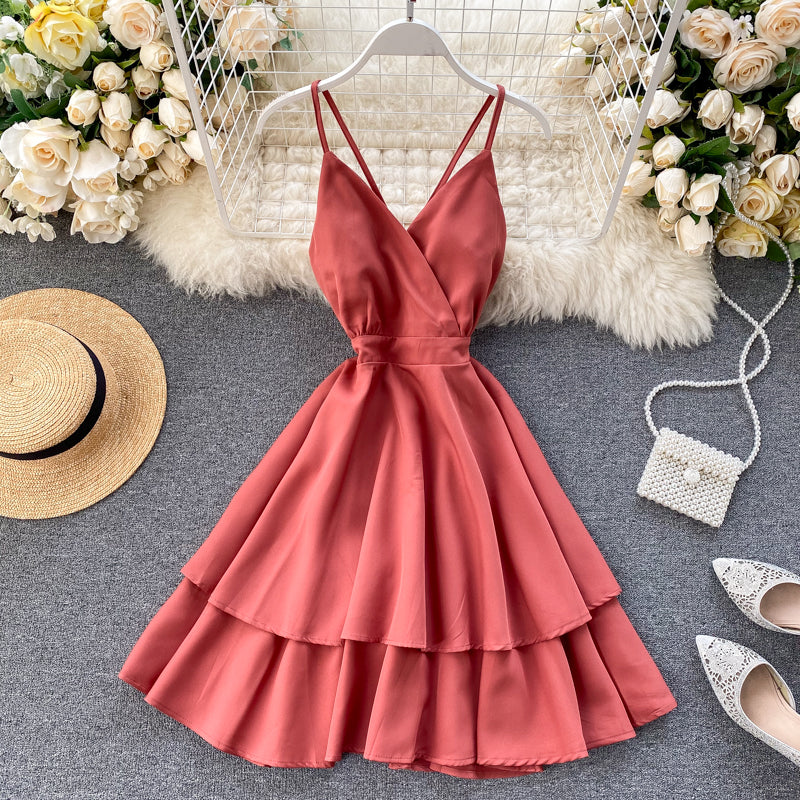 V-neck Halter Double-layer Ruffle Dress