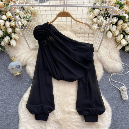 One-shoulder 3d Floral Chiffon Top
