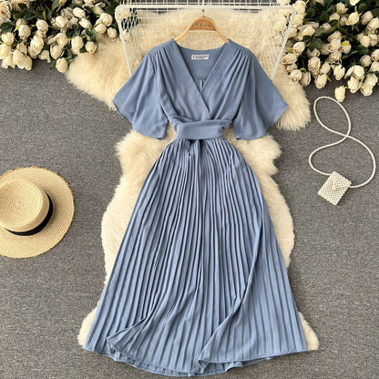 Chiffon Pleated Solid V-Neck Dress