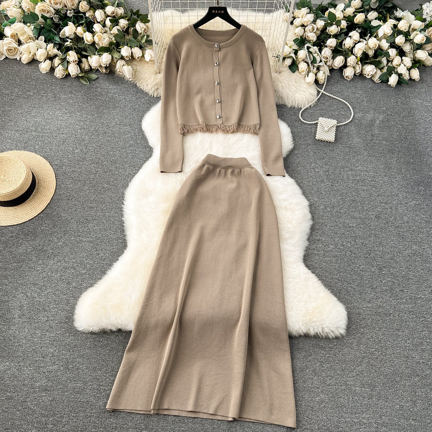 Cardigan&Half-body Skirt Fringed Knit 2Pcs