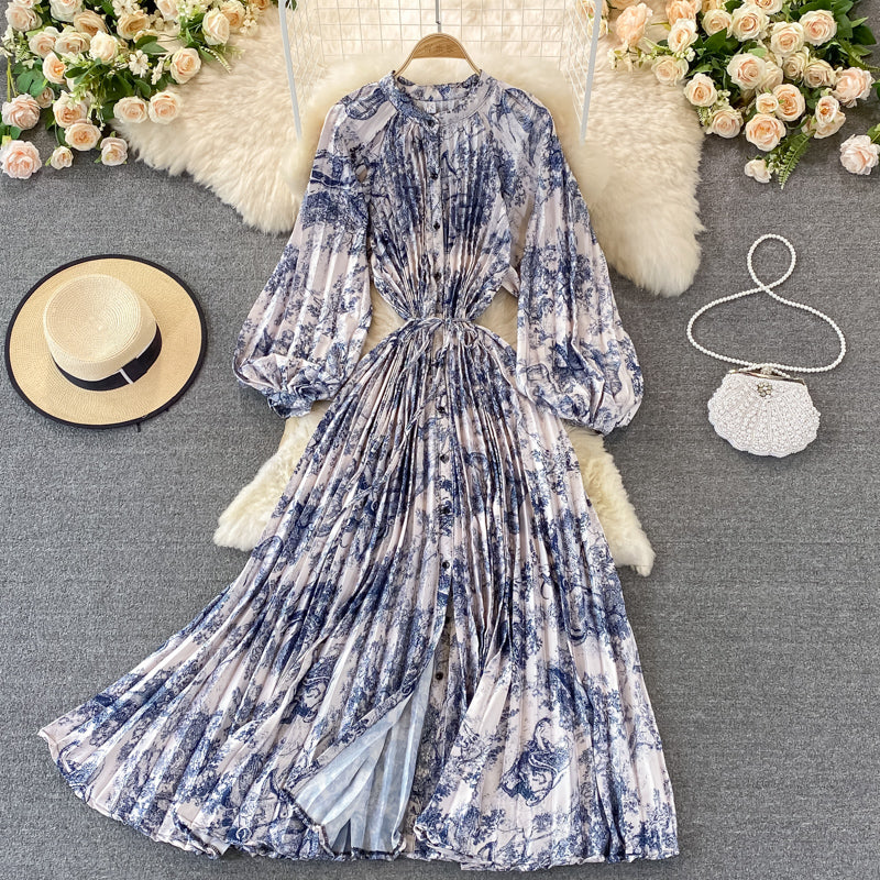 Round Collar Floral Printed Satin Dress