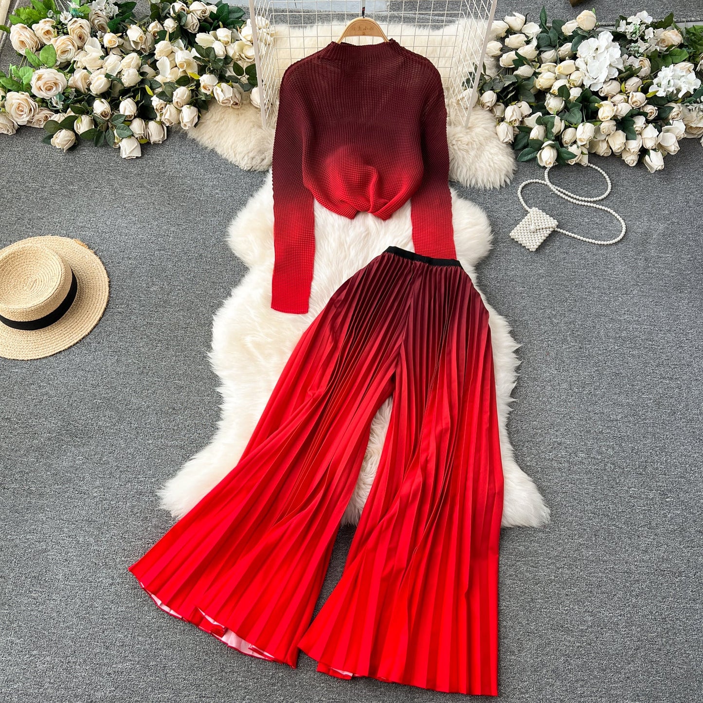 Pleated Knitwear&Wide-leg Trousers Printed 2Pcs