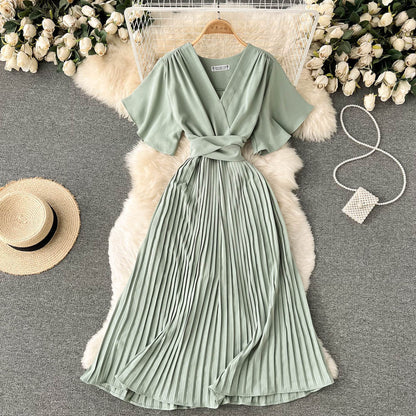 Chiffon Pleated Solid V-Neck Dress