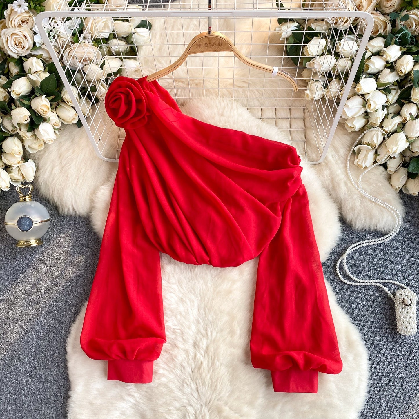 One-shoulder 3d Floral Chiffon Top