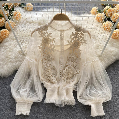 Ethereal Mesh Lantern-Sleeve Blouse