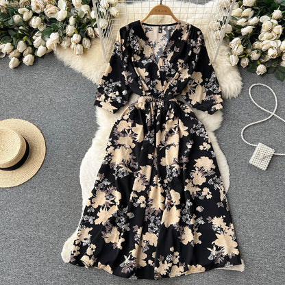 French Style Floral Printed Chiffon Dress